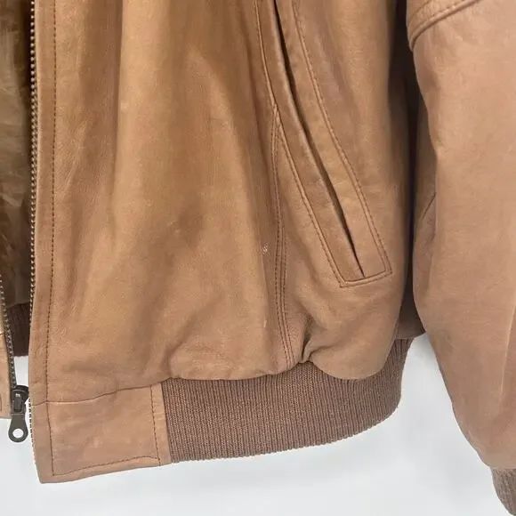 Classic Leather Aviator Bomber Jacket Soft Cowhide Members Only Brown Mens Large
